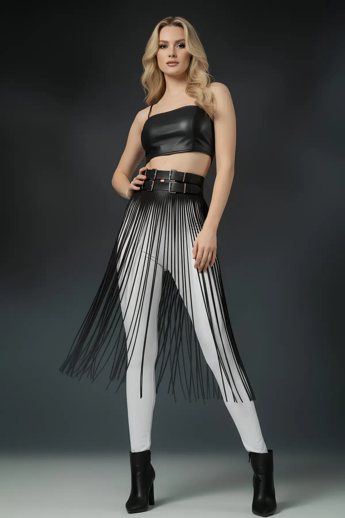 Siyah Etek Deri Yüksek Bel Etek Çift Tokalı Uzun - Brf1090