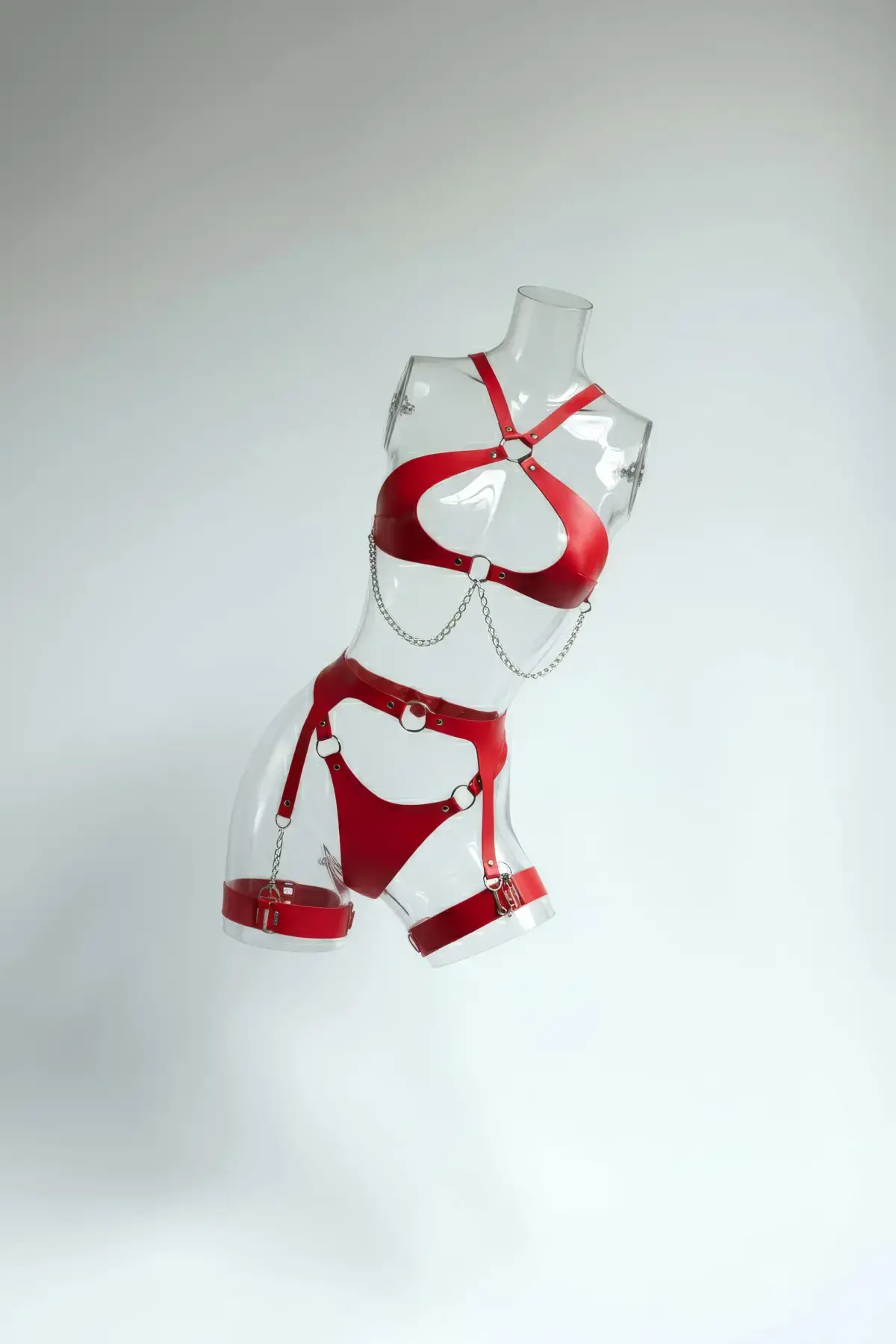 Kırmızı Harness Takım Deri Zincir Detaylı Vücut Jartiyer - Brf1330