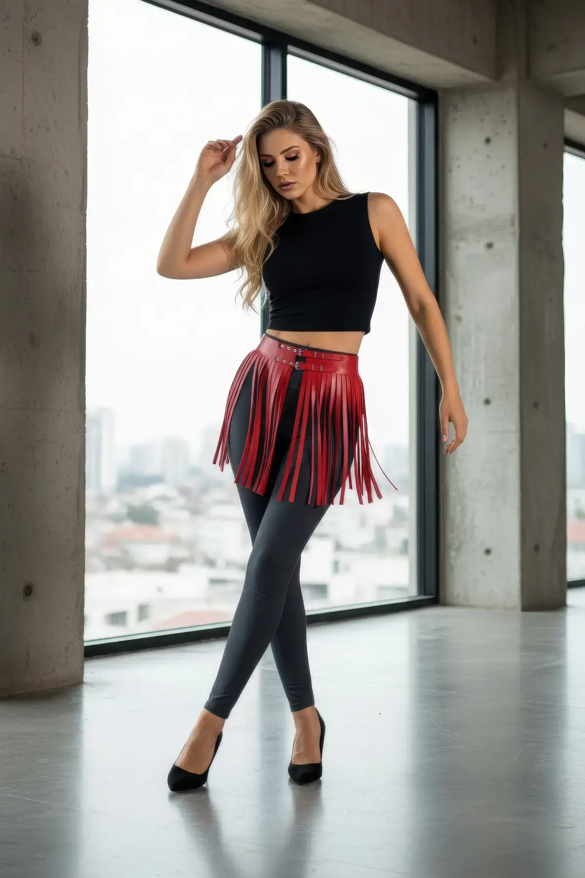 Kırmızı Etek Deri Tokalı Püsküllü Kısa Etek - Brf1400