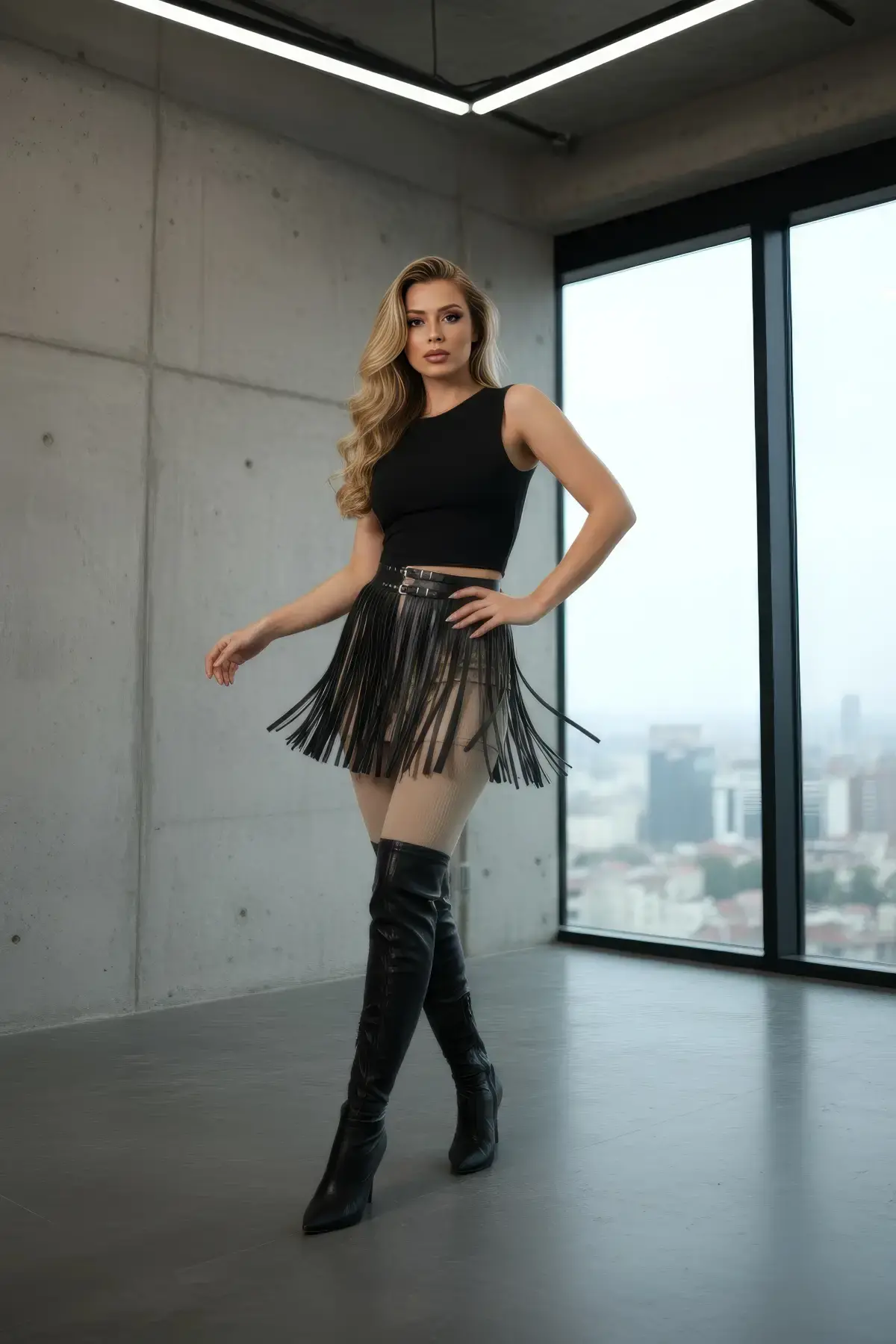 Siyah Etek Suni Deri Etek Püsküllü Mini Etek Boy - Brf1400