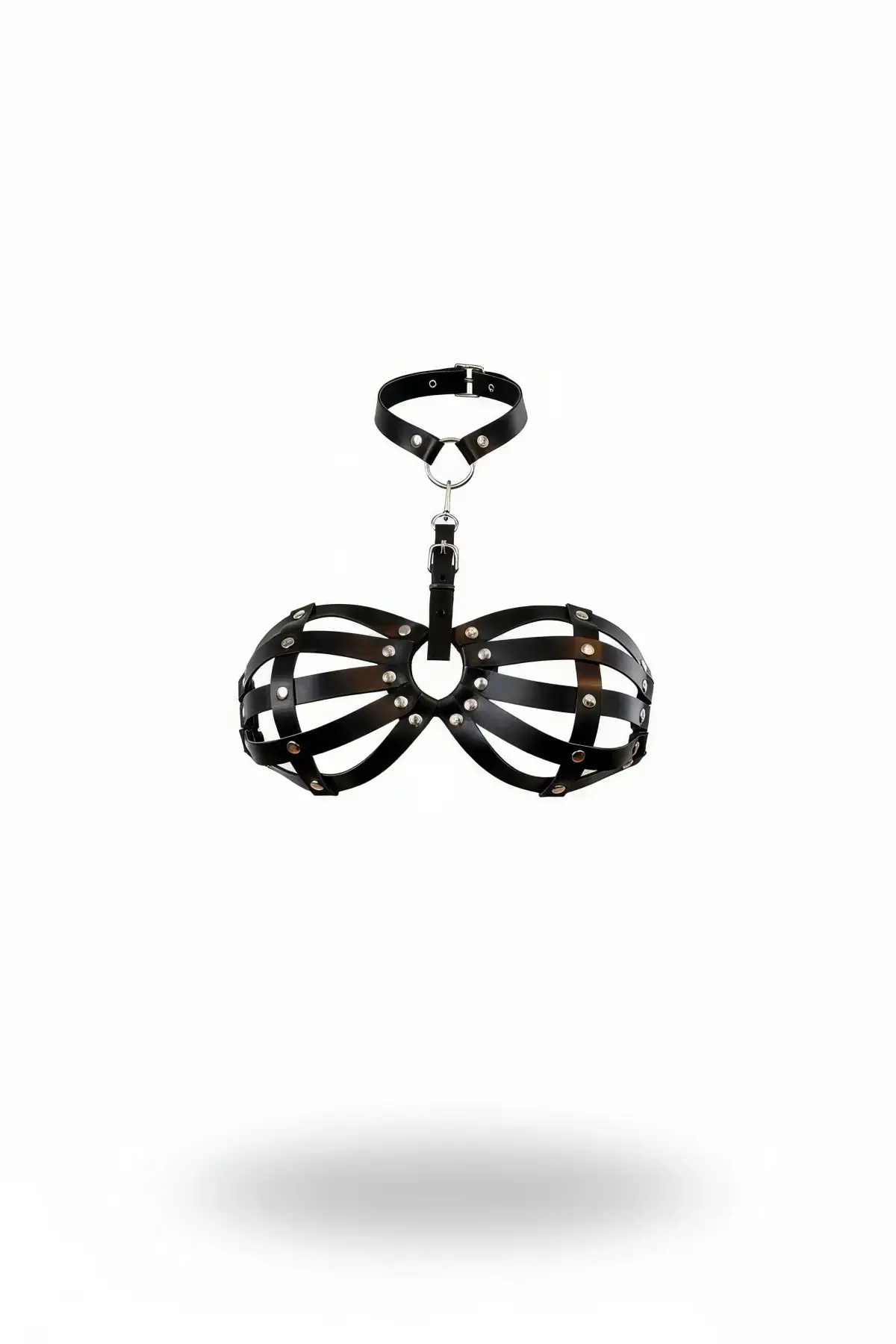 Siyah Göğüs Harness Kafes Detaylı Zımbalı Boyunluk - Brf224