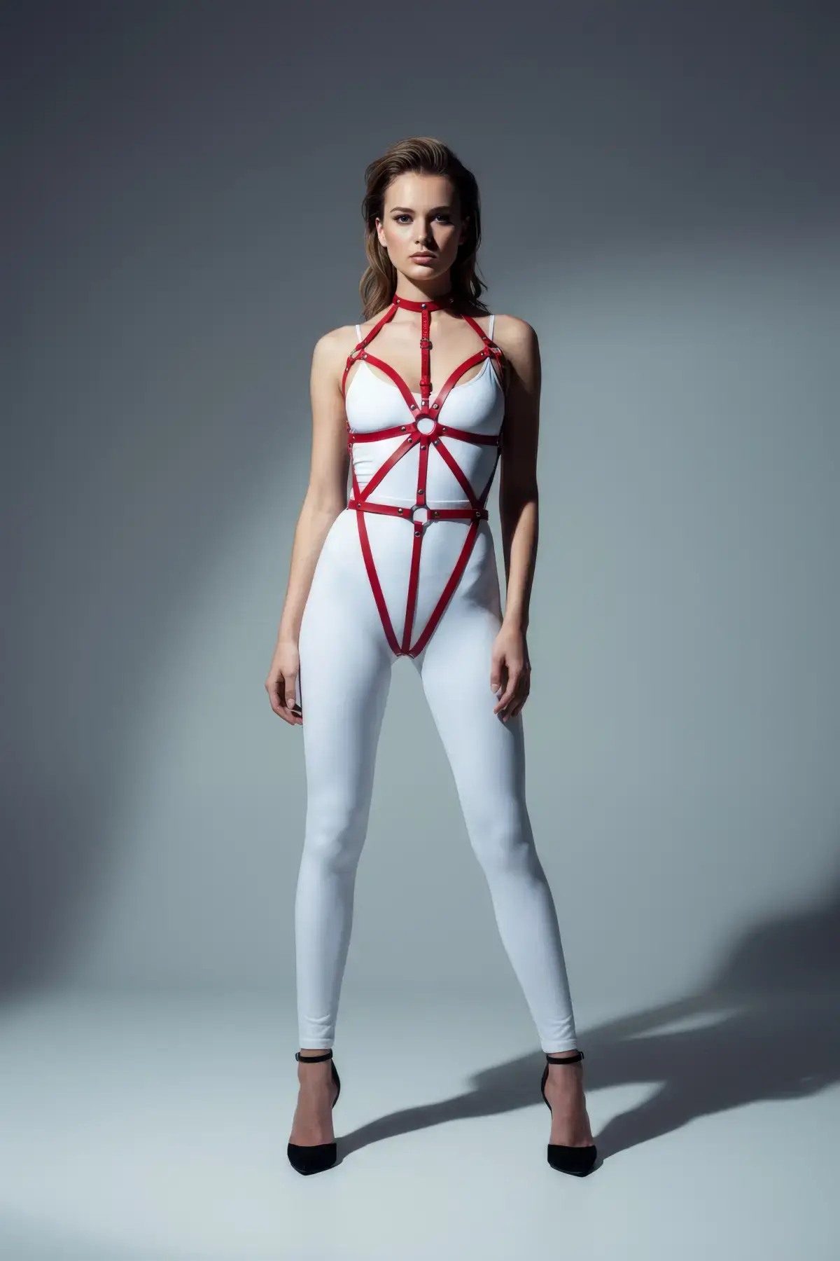 Kırmızı Body Harness Kadın Deri Metal Halka Detaylı - Brf243