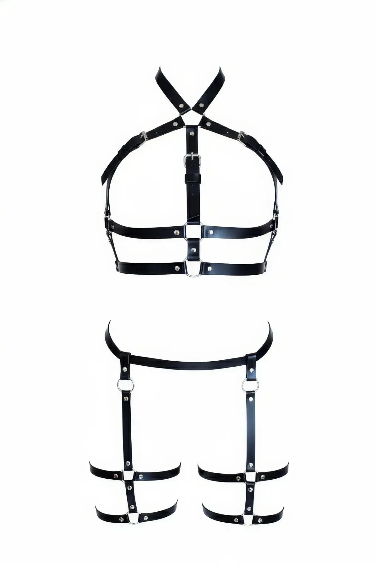 Siyah Kadın Harness Takım Deri Çok Bantlı Tokalı Vücut Seti - Brf272