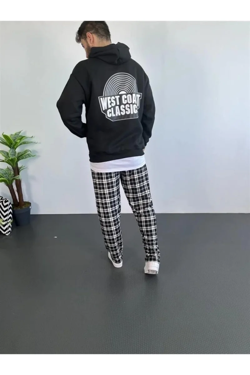 Sırt Baskılı Kapüşonlu Üç İplik Oversize Sweatshirt - Siyah -