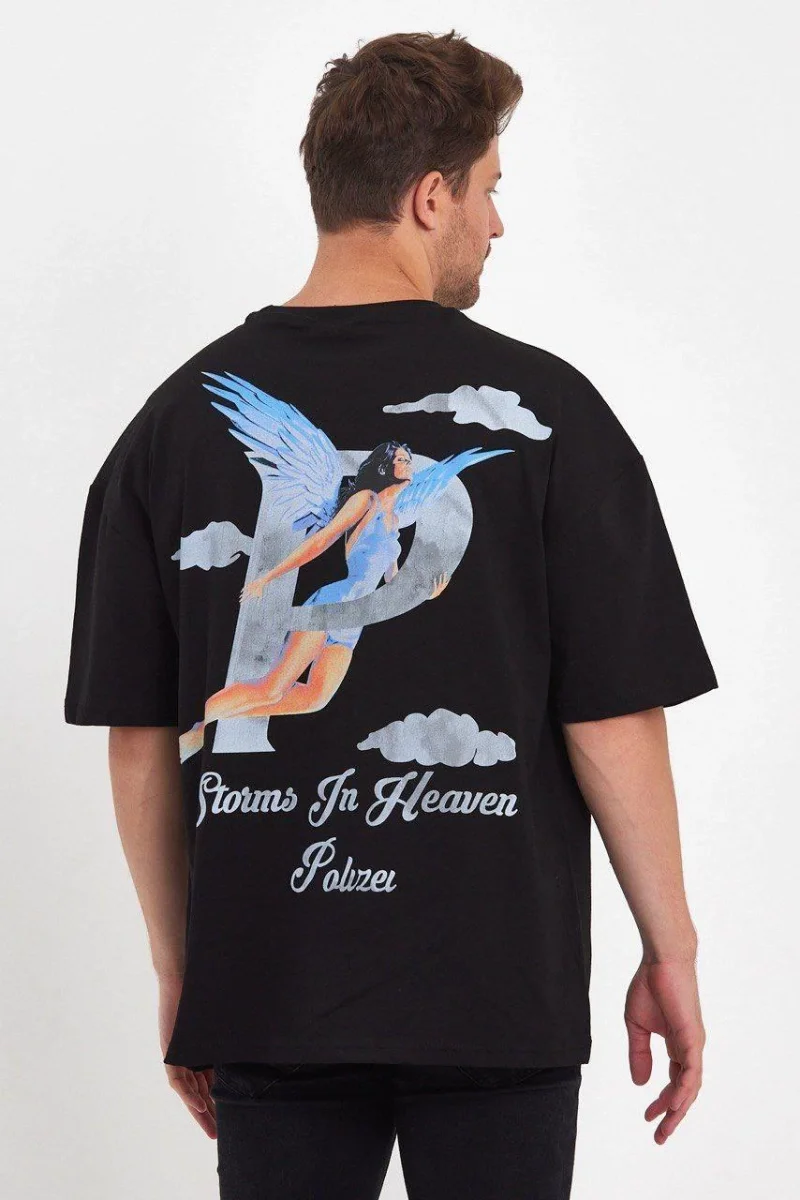 Melek Baskılı Oversize T-shirt - Siyah -