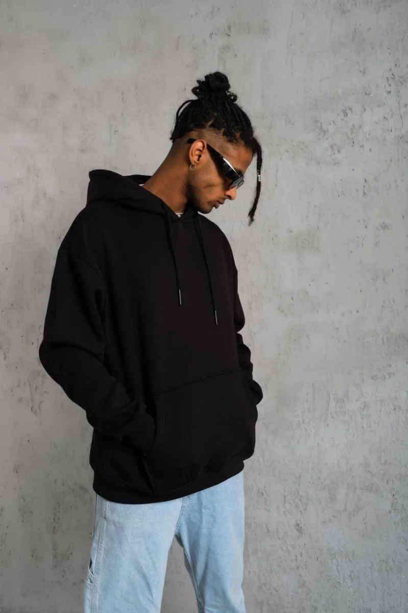 Düz Kapüşonlu Sweat - Siyah -