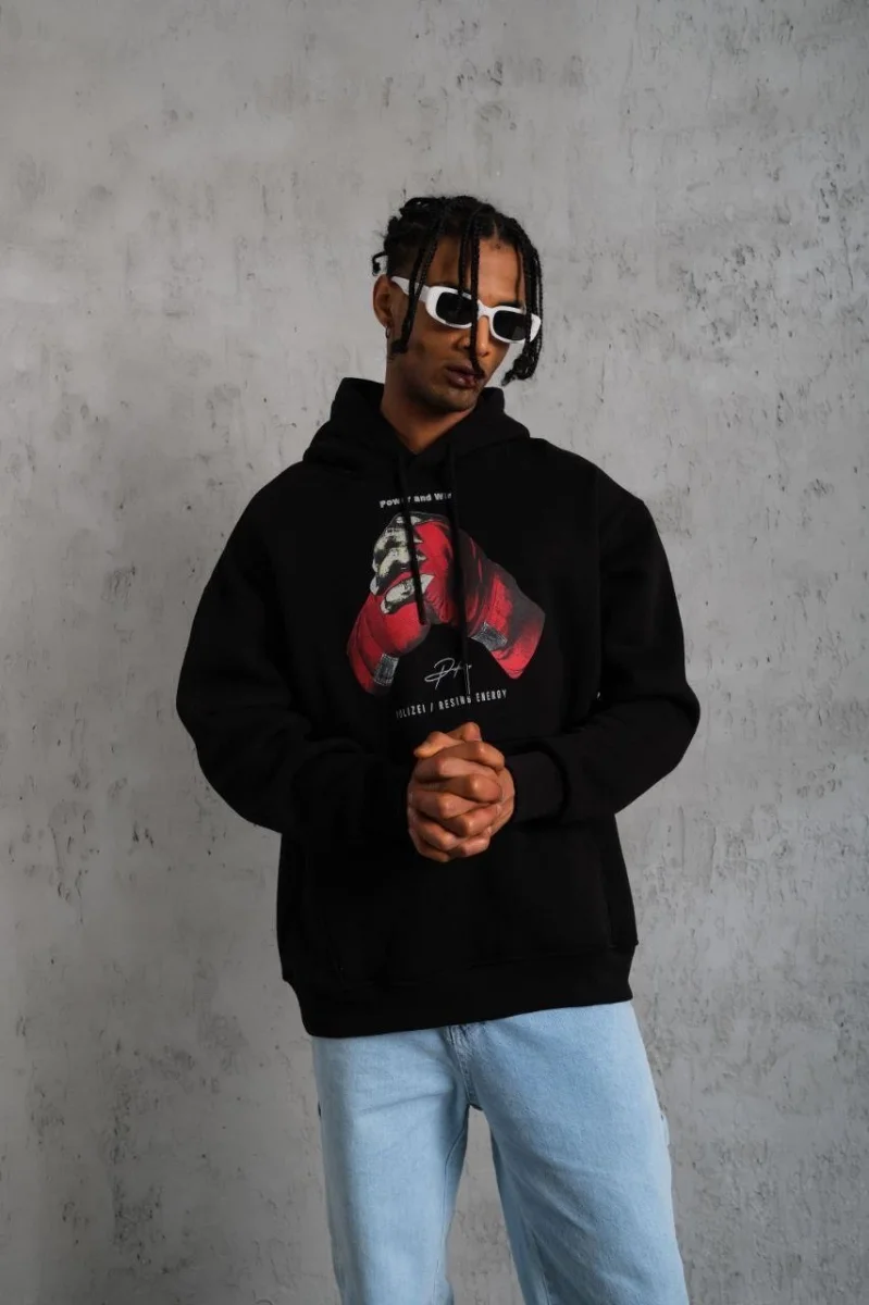 Eldiven Baskılı Kapüşonlu Sweat - Siyah -