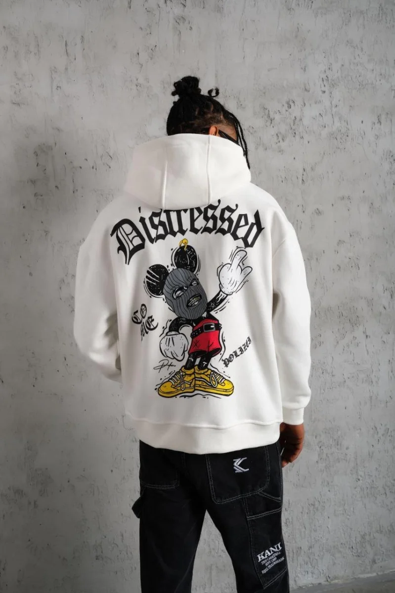 Üç İplik Baskılı Kapüşonlu Sweat - Beyaz -