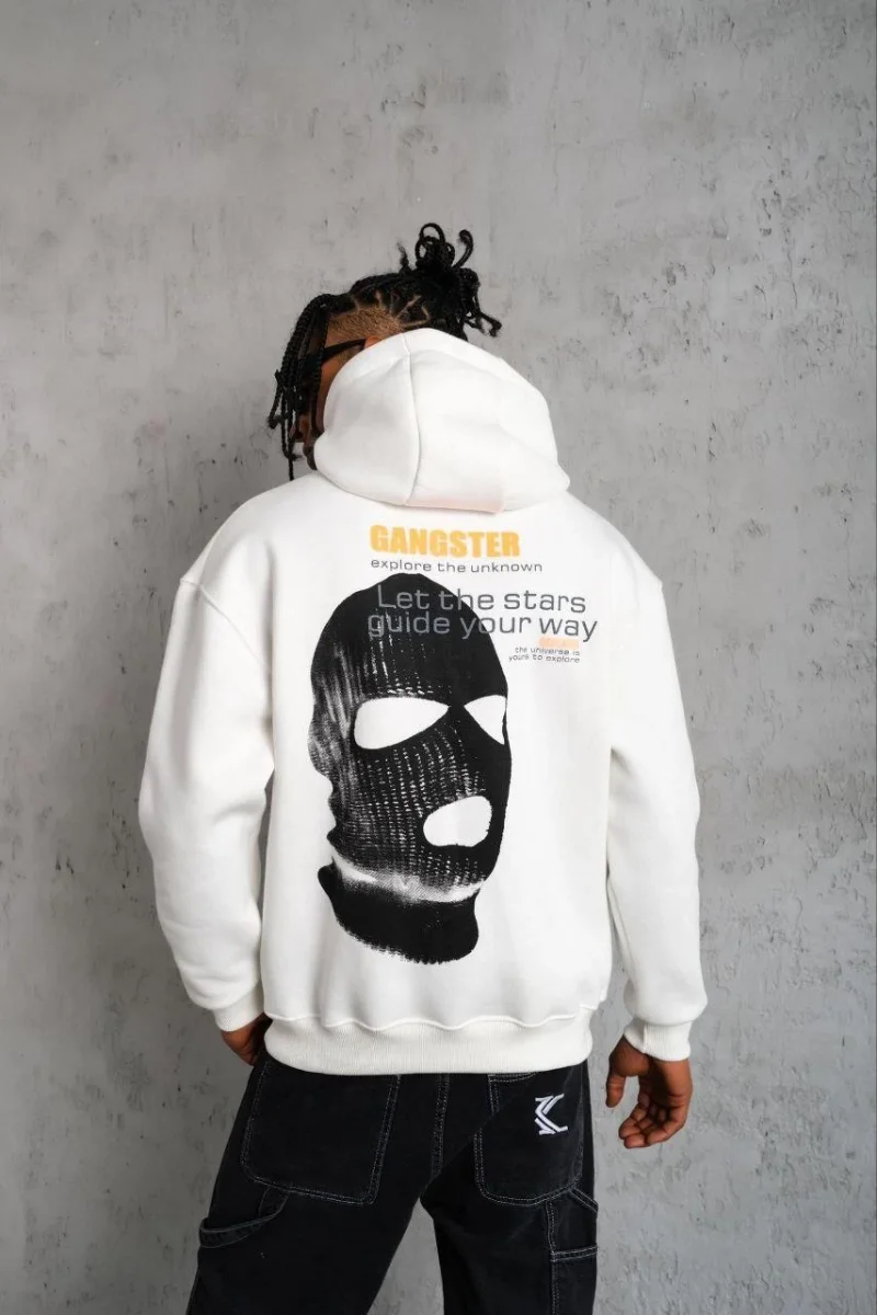 Kordonlu Maske Baskılı Kapüşonlu Sweat - Beyaz -