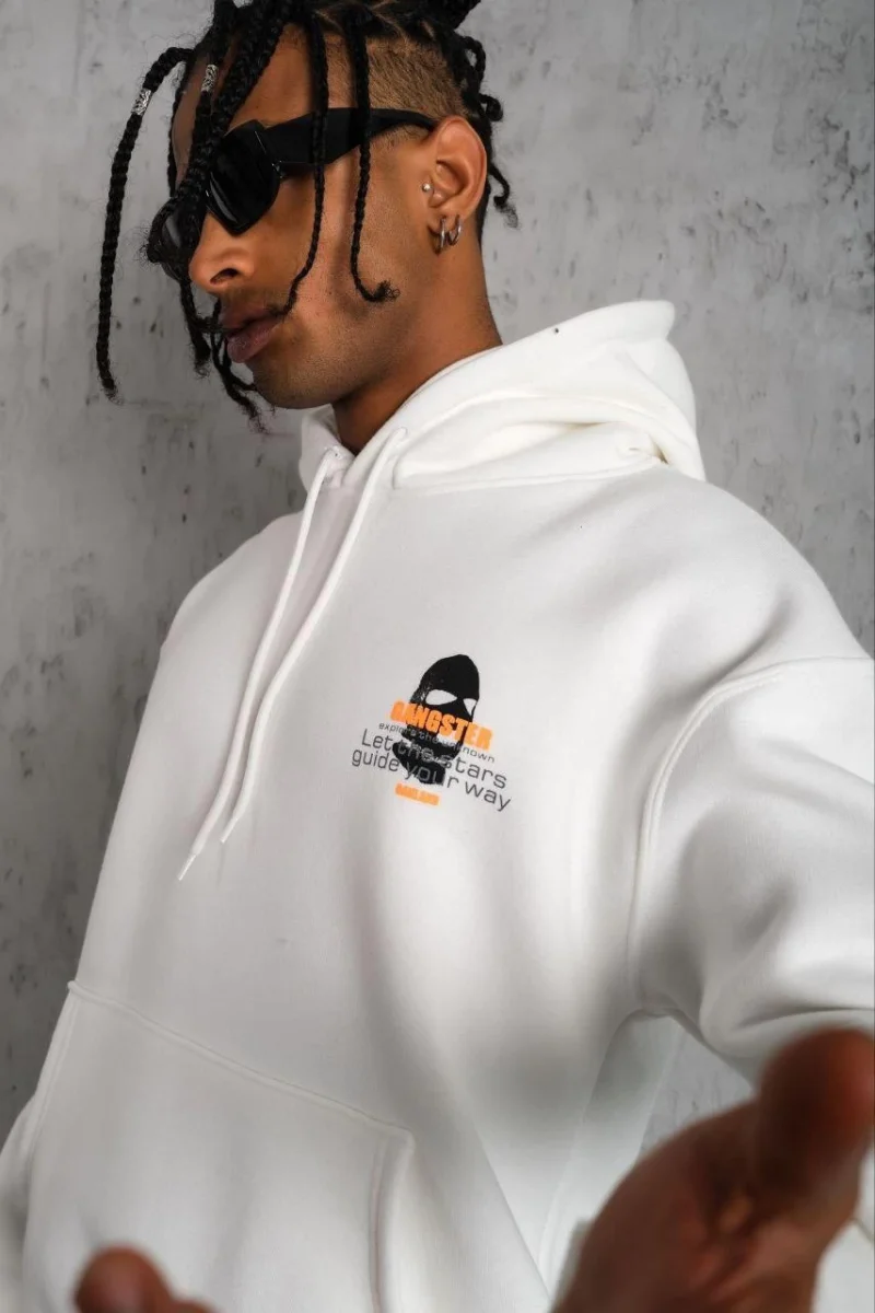 Kordonlu Maske Baskılı Kapüşonlu Sweat - Beyaz -