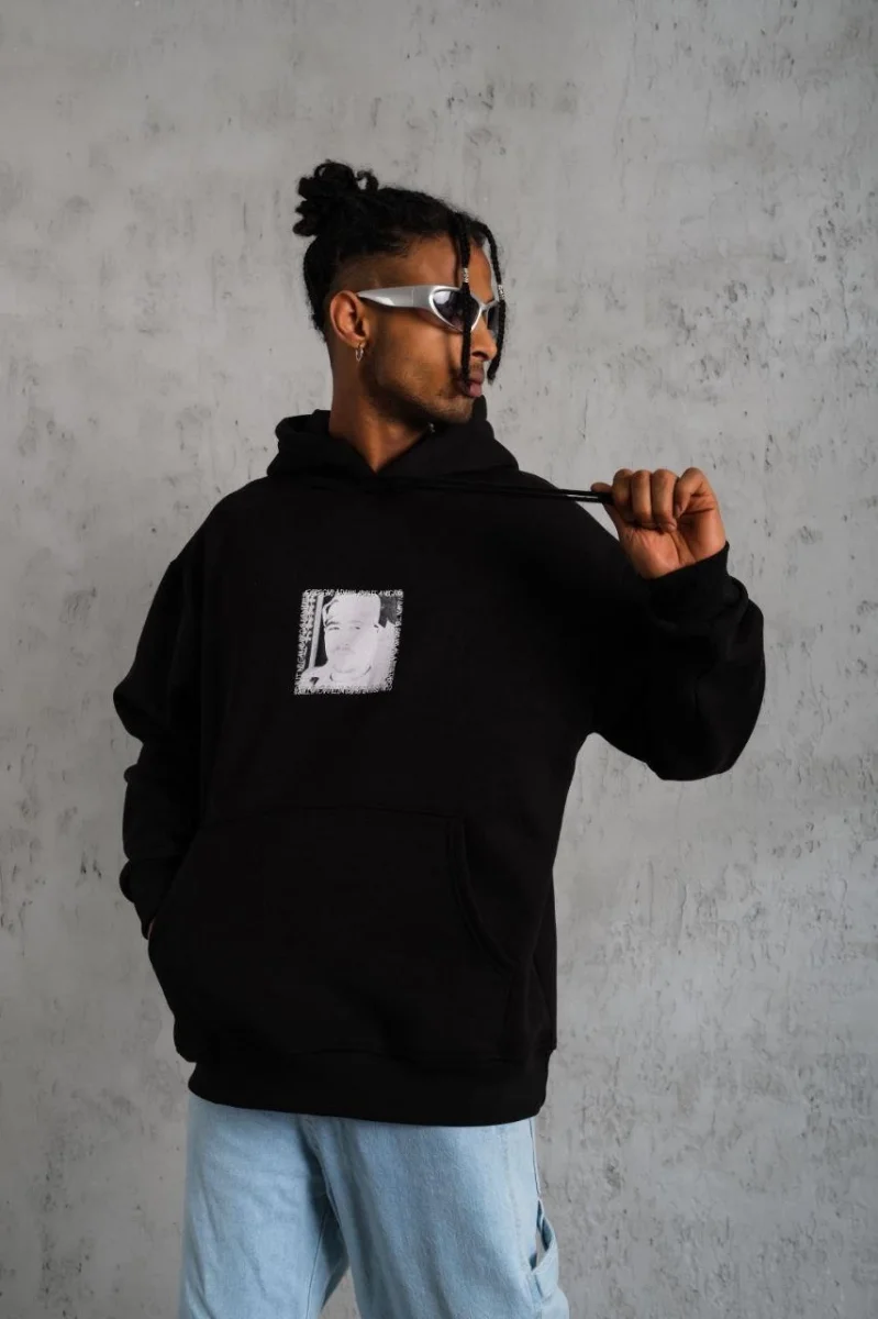 Ön Arka Baskılı Kapşonlu Sweat - Siyah -