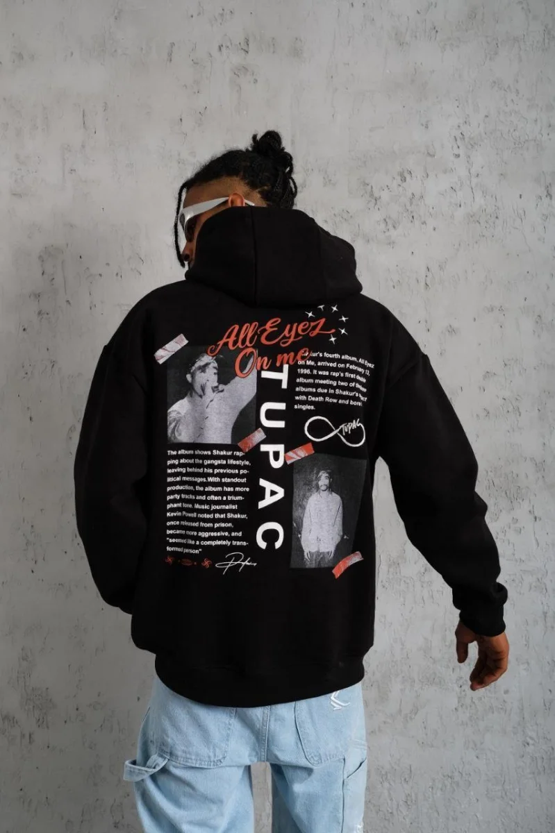 Ön Arka Baskılı Kapşonlu Sweat - Siyah -