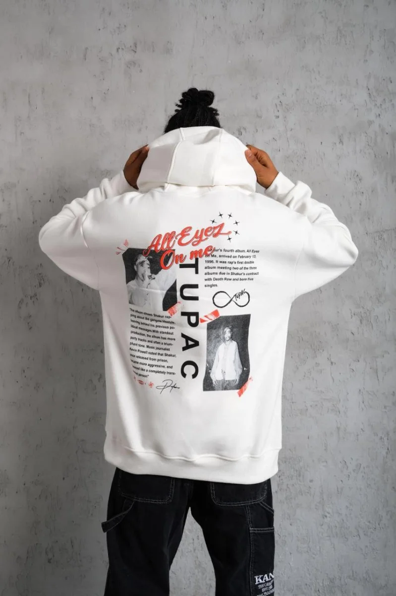 Ön Arka Baskılı Kapşonlu Sweat - Beyaz -