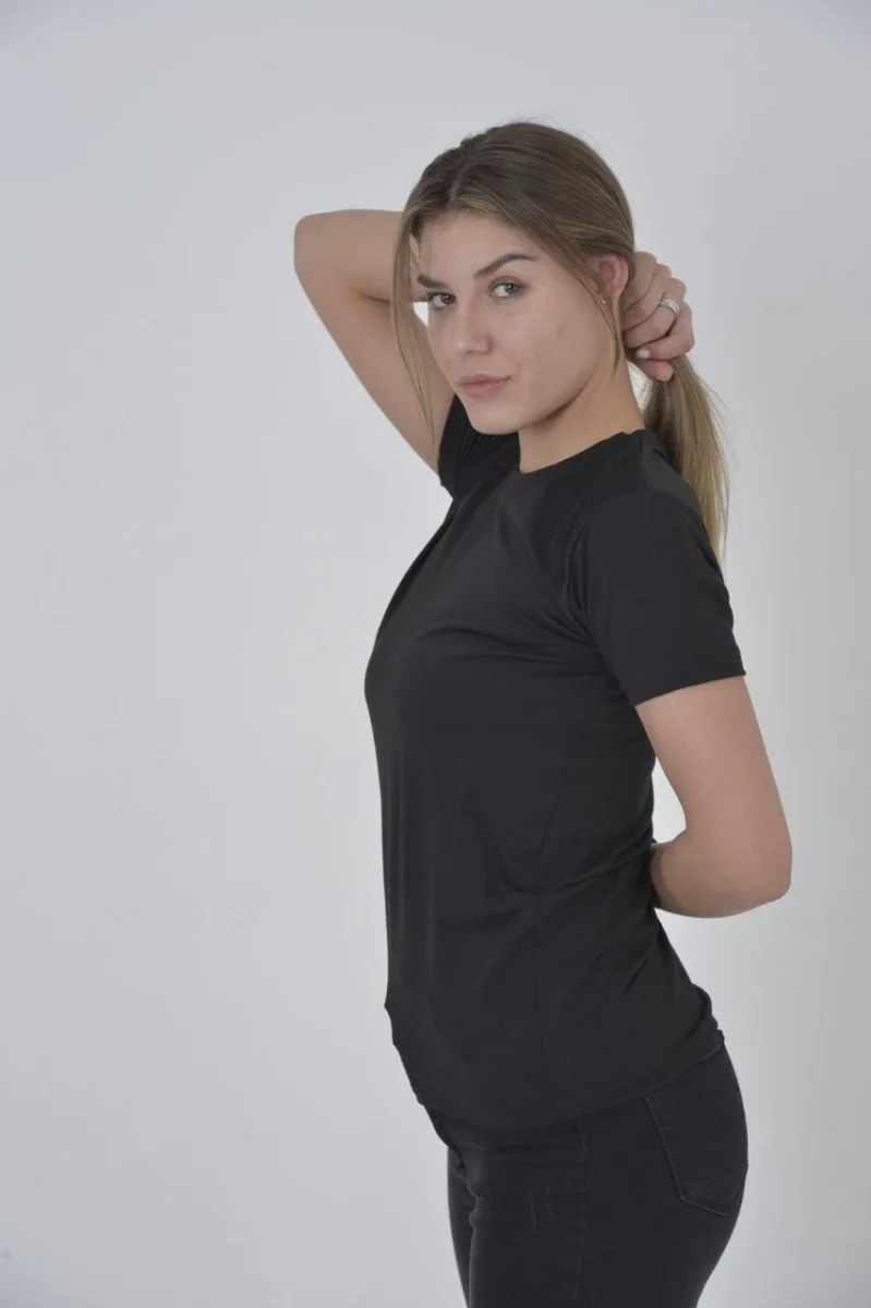 Omuz Fileli Slim Fit T-shirt - Siyah -