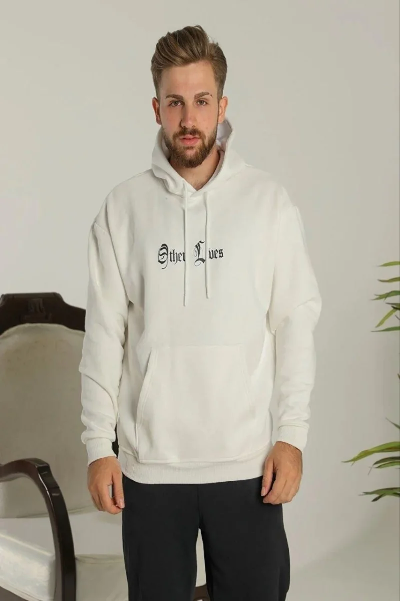 Kapşonlu Sweatshirt – Oversize “Other Lives” Ön  Arka Baskılı,- Beyaz -