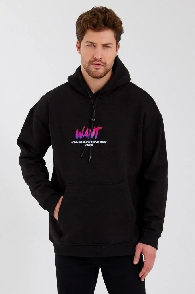 Baskılı Üç İplik Kapüşonlu Oversize Sweatshirt - Siyah -