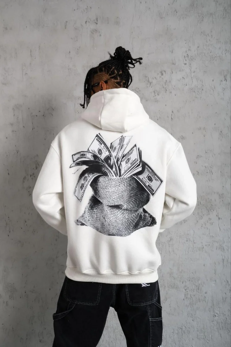 Kanguru Cep Baskılı Kapüşonlu Sweatshirt - Beyaz -