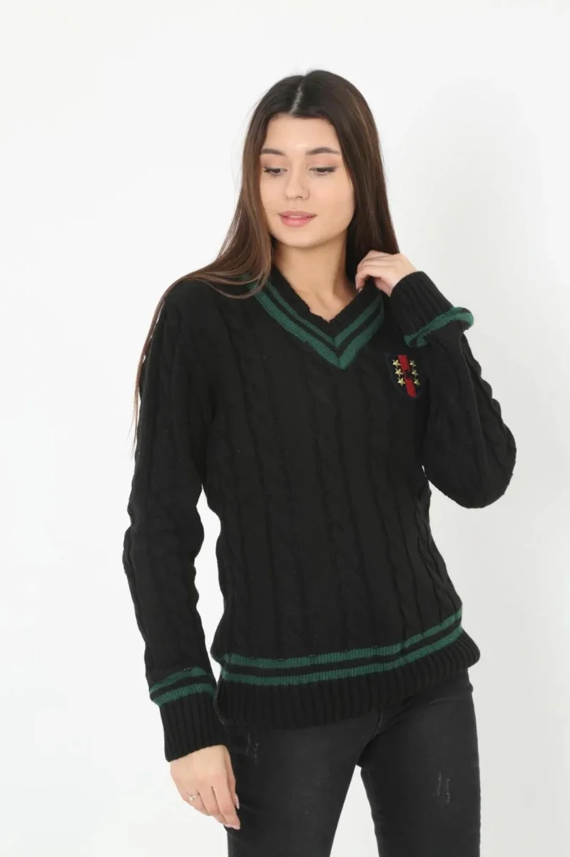 V Yaka Örgülü Kazak - Siyah -