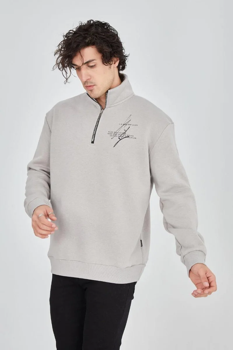 Yarım Fermuarlı Baskılı Sweat - Boyalı Gri -