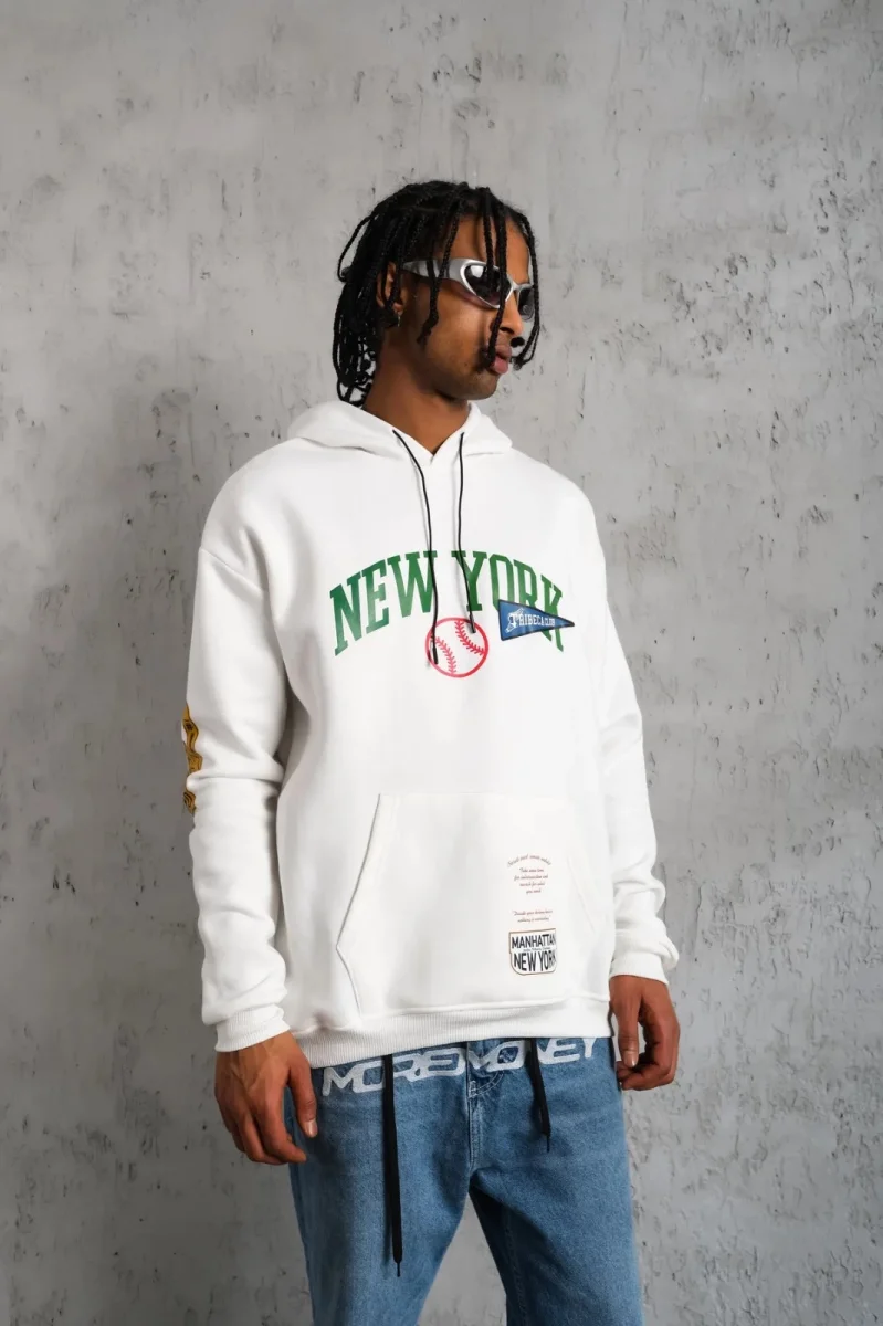 Baskılı Kapüşonlu Sweatshirt - Beyaz -