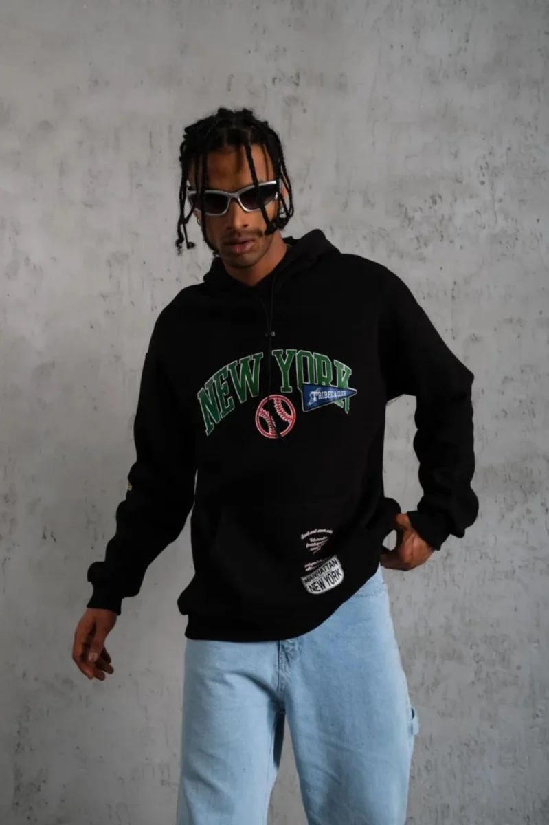 Baskılı Kapüşonlu Sweatshirt - Siyah -