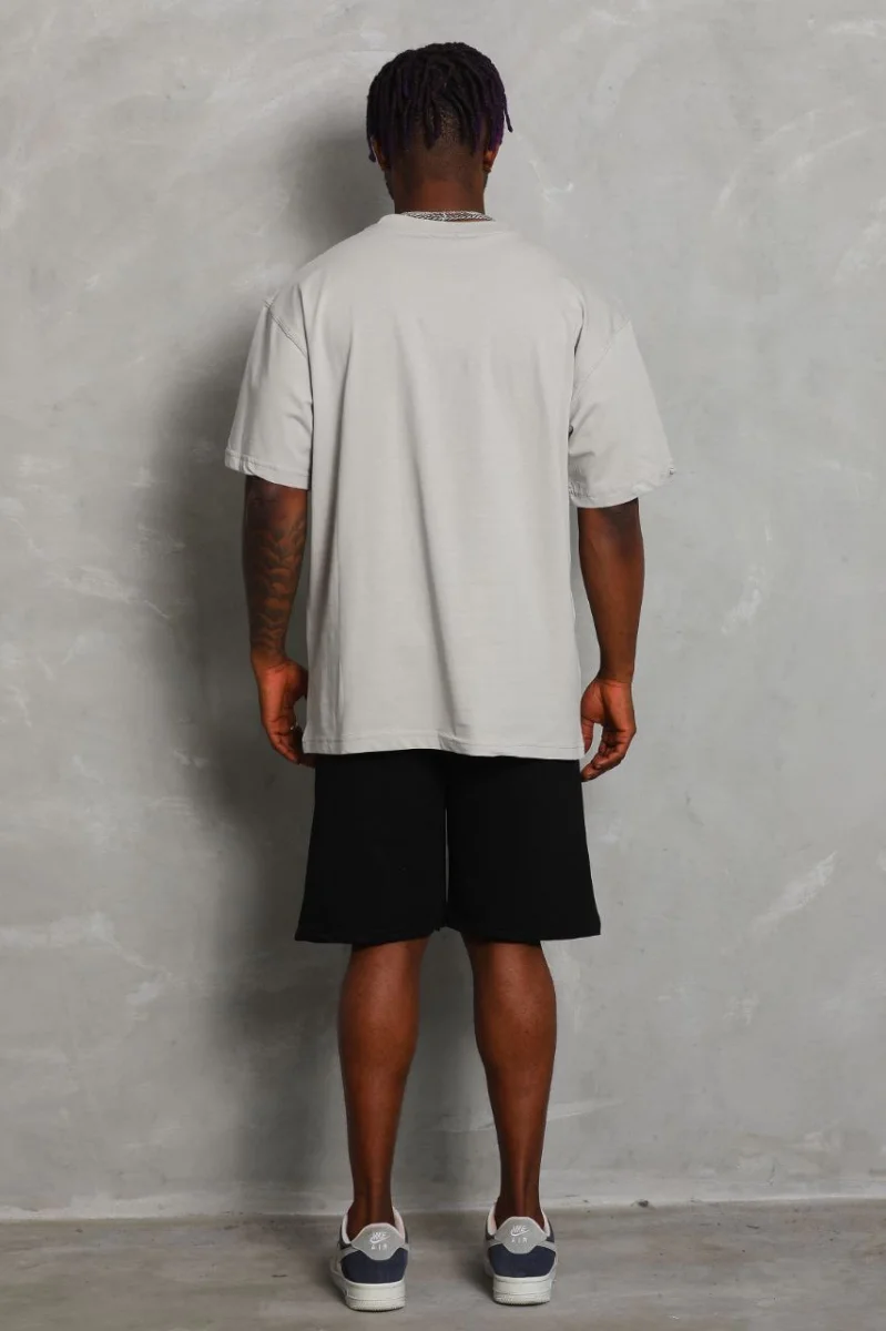 Oversize Düz Bisiklet Yaka T-Shirt - Gri -