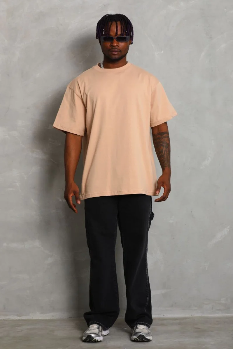 Oversize Düz Bisiklet Yaka T-Shirt - Bej -