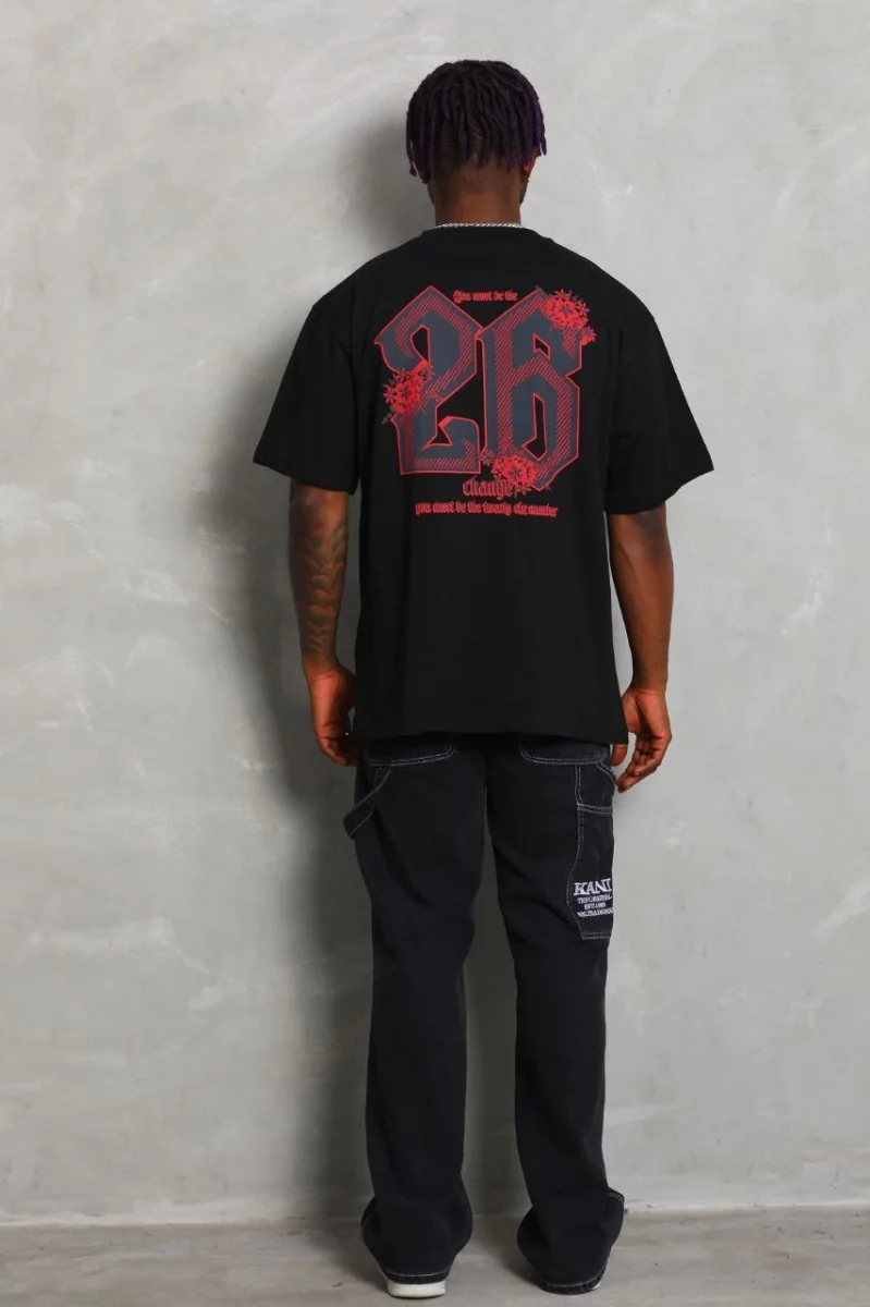 Oversize Baskılı Bisiklet Yaka T-Shirt - Siyah -