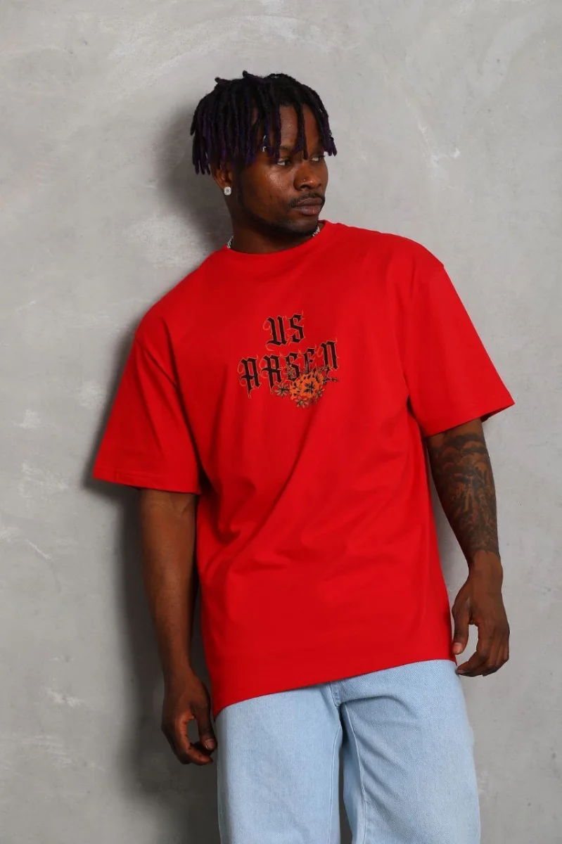 Oversize Baskılı Bisiklet Yaka T-Shirt - Kırmızı -