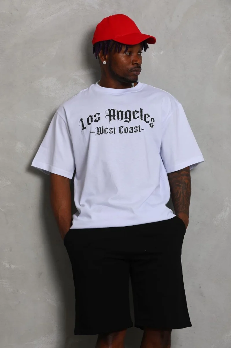 Oversize Baskılı Bisiklet Yaka T-Shirt - Beyaz -