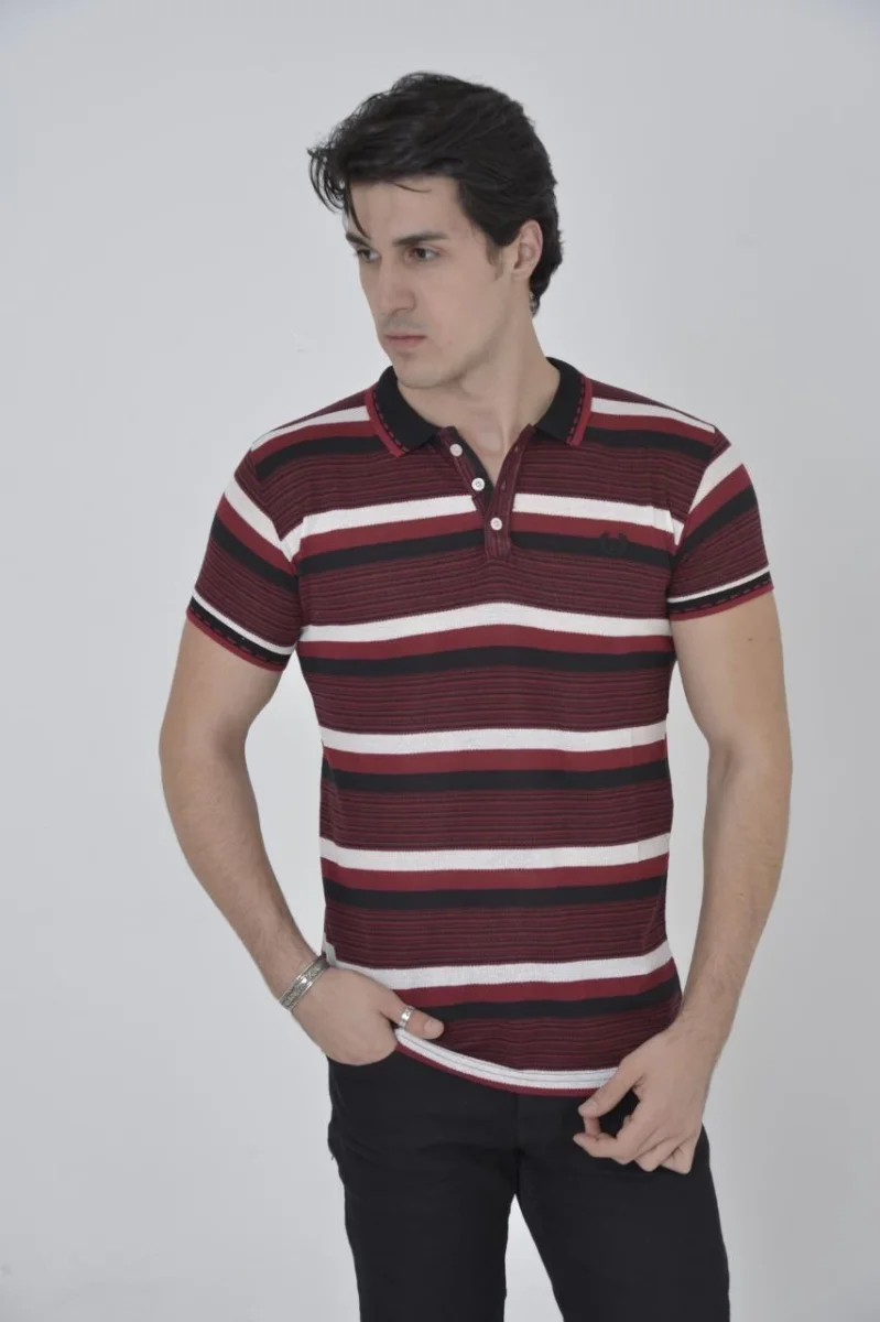 Yakalı Slim Fit Dokuma Çizgili T-Shirt - Bordo -