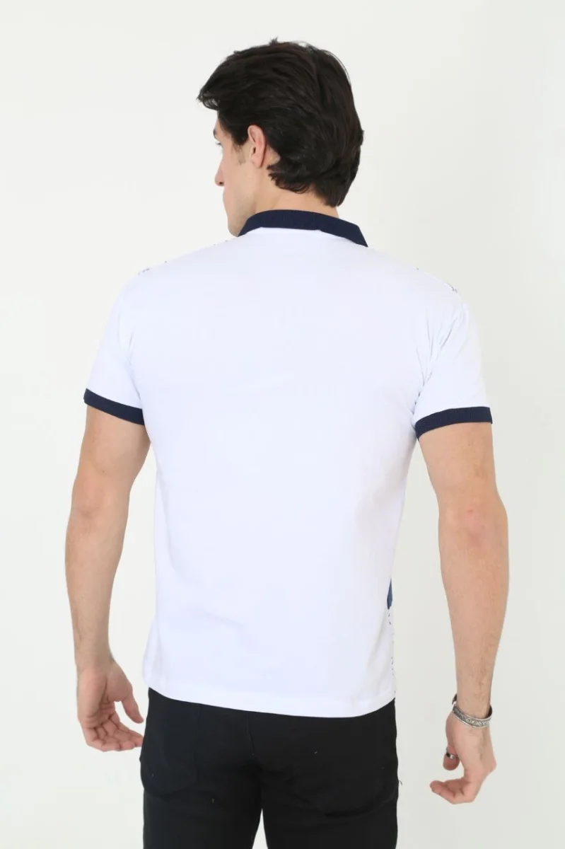 Yakalı Slim Fit Baskılı T-Shirt - Beyaz -