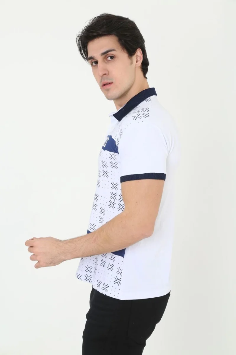 Yakalı Slim Fit Baskılı T-Shirt - Beyaz -
