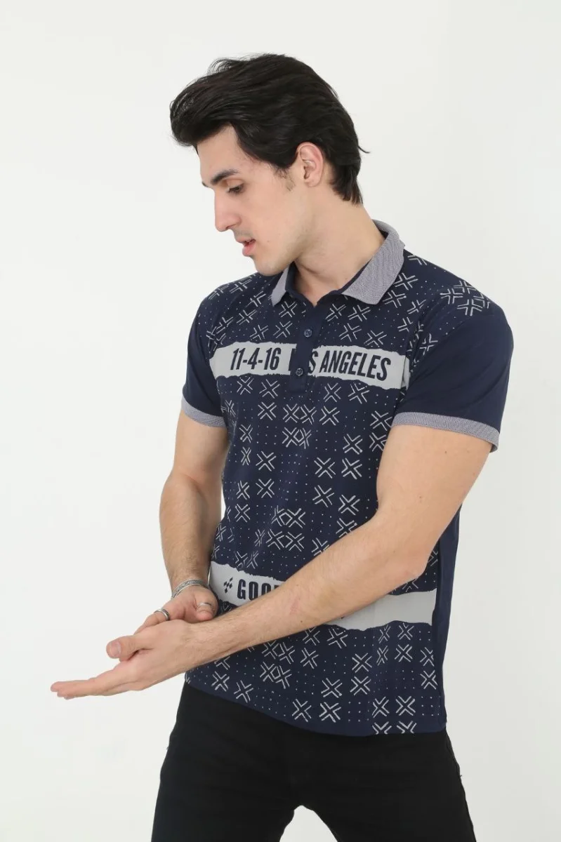 Yakalı Slim Fit Baskılı T-Shirt - Lacivert -