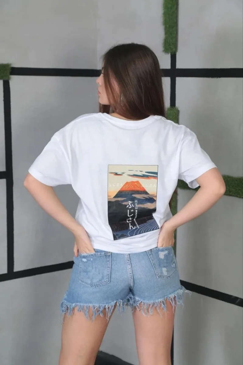 Bisiklet Yaka Baskılı Oversize T-Shirt- Beyaz -