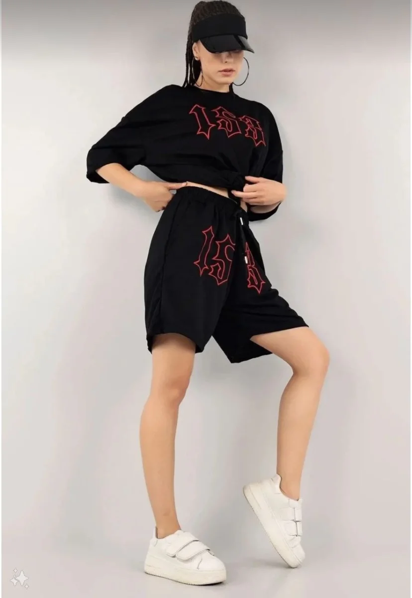 Nakış İşlemeli Şort Takım - Siyah -