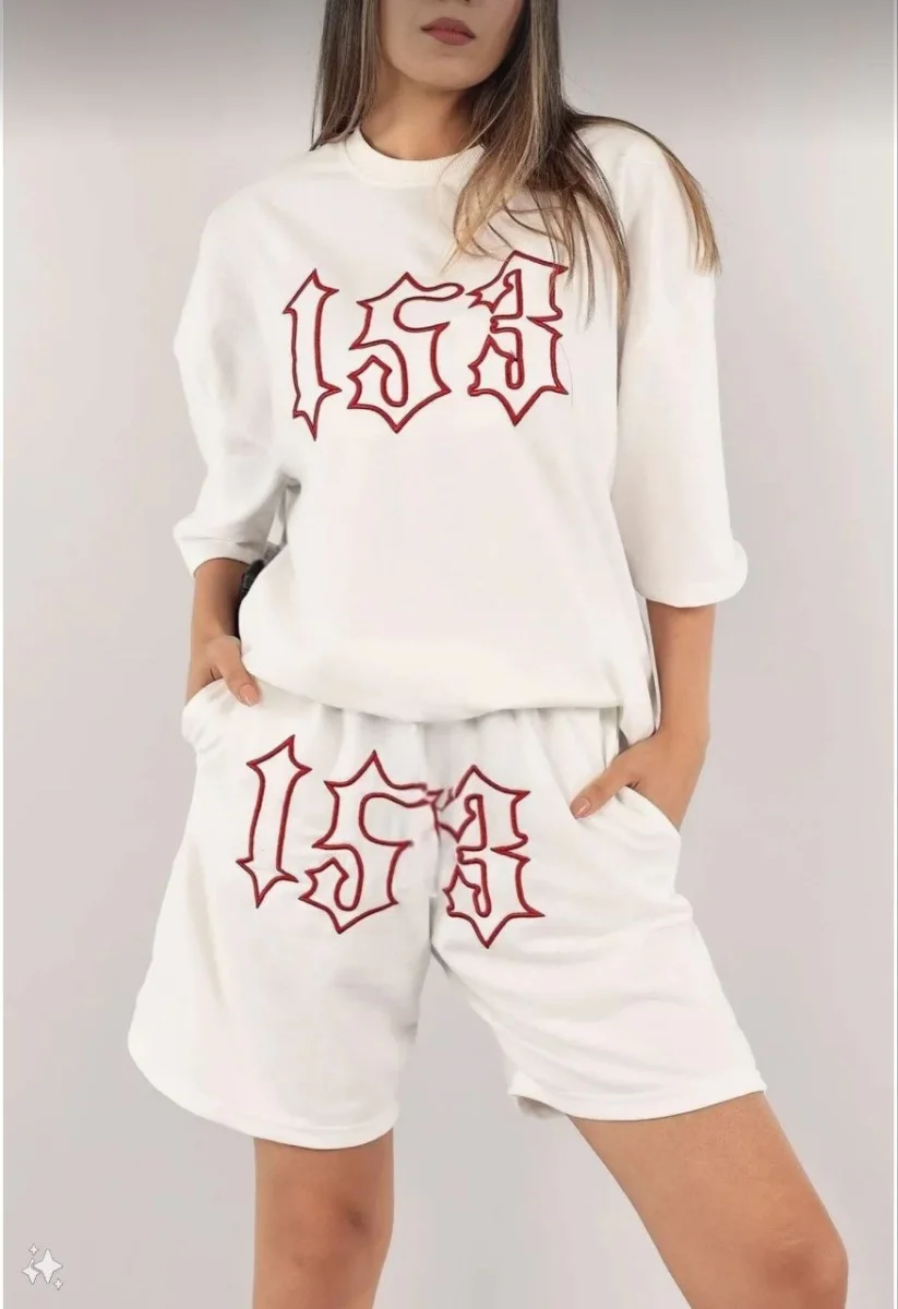 Nakış İşlemeli Şort Takım - Beyaz -