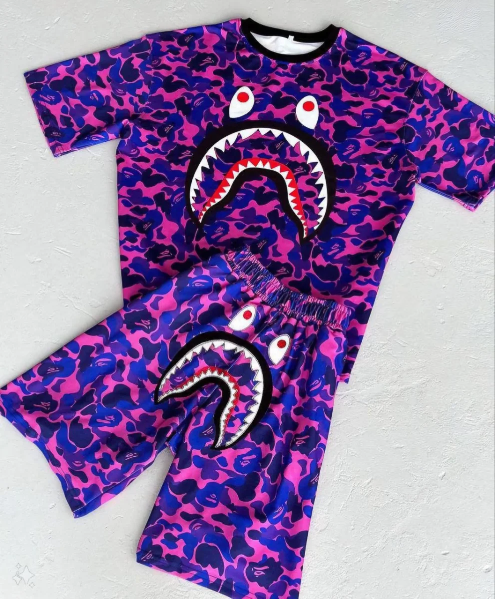 Dijital Baskılı Şortlu Takım - Mor -