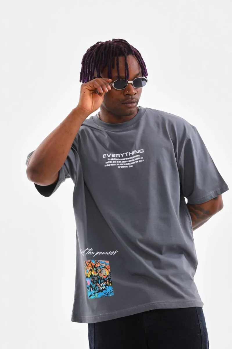 Bisiklet Yaka Baskılı Oversize T-Shirt - Gri -