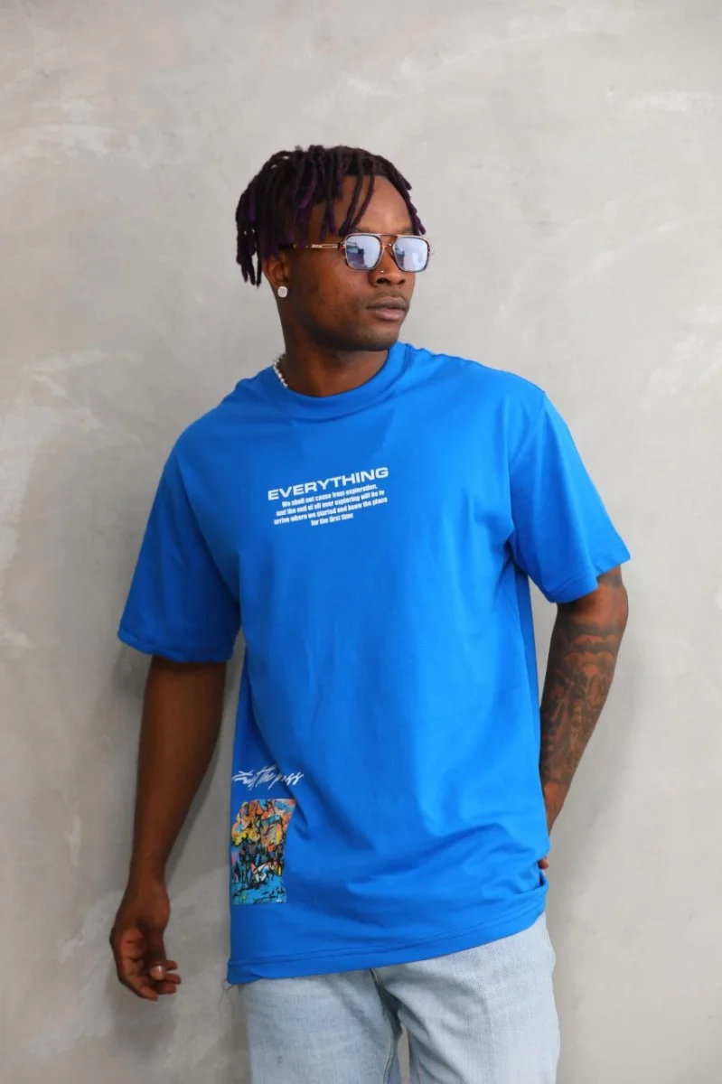 Bisiklet Yaka Baskılı Oversize T-Shirt - Mavi -