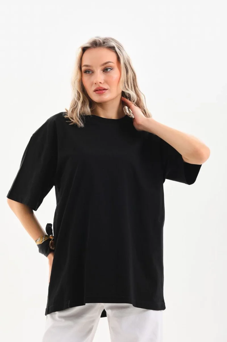 Bisiklet Yaka 20/1 Düz Oversize T-Shirt - Siyah -