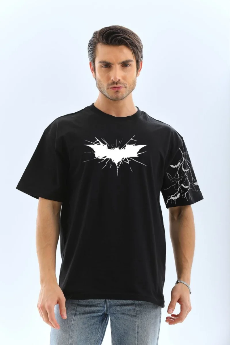 Ön ve Kol Baskılı Oversize T-shirt - Siyah -