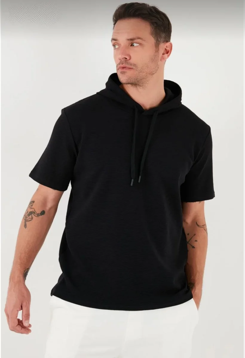 Kapşonlu Kısa Kol Düz Oversize T-shirt - Siyah -