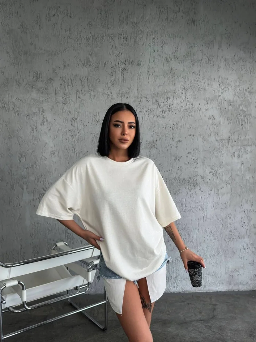Düz Biskilet Yaka Oversize T-shirt - Beyaz -