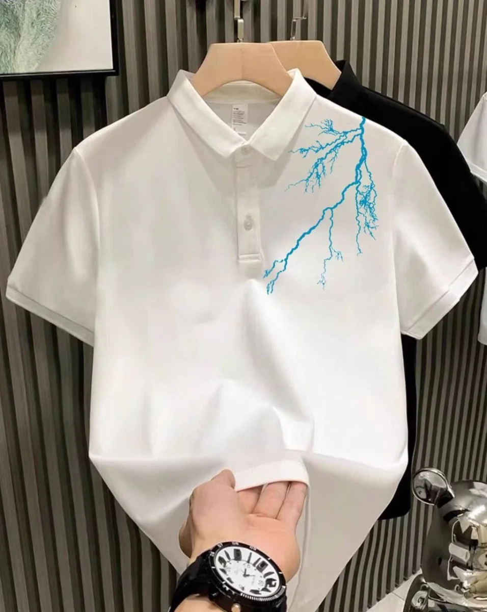 Yakası Düğmeli Oversize Baskılı T-Shirt - Beyaz -