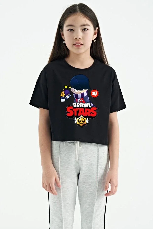 Bisiklet Yaka Kısa Kol Baskılı   T-Shirt - Siyah -