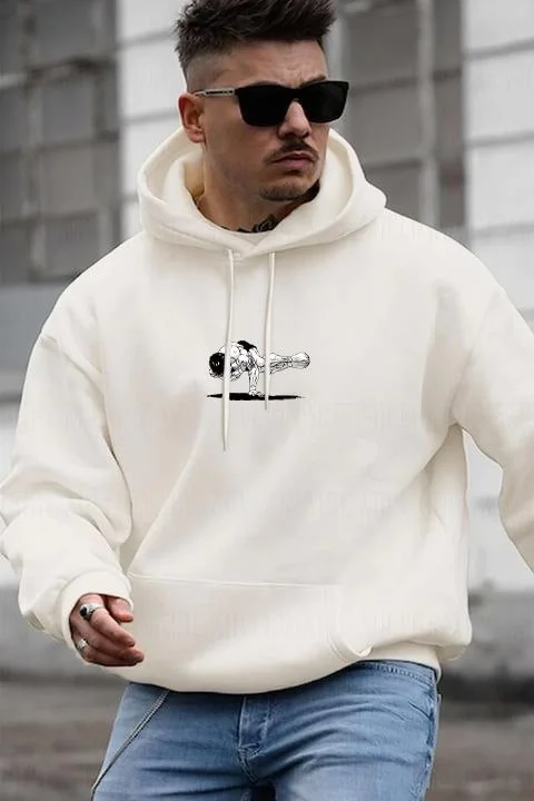 Baskılı Kapüşonlu ve Kordon İpli Sweat - Beyaz -