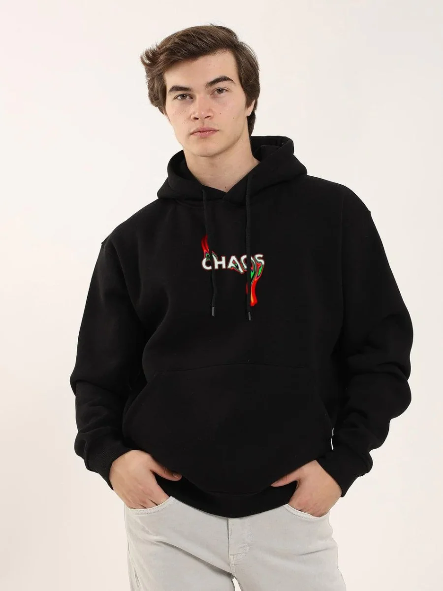 Baskılı Oversize Üç İplik Kapüşonlu Sweatshirt - Siyah -