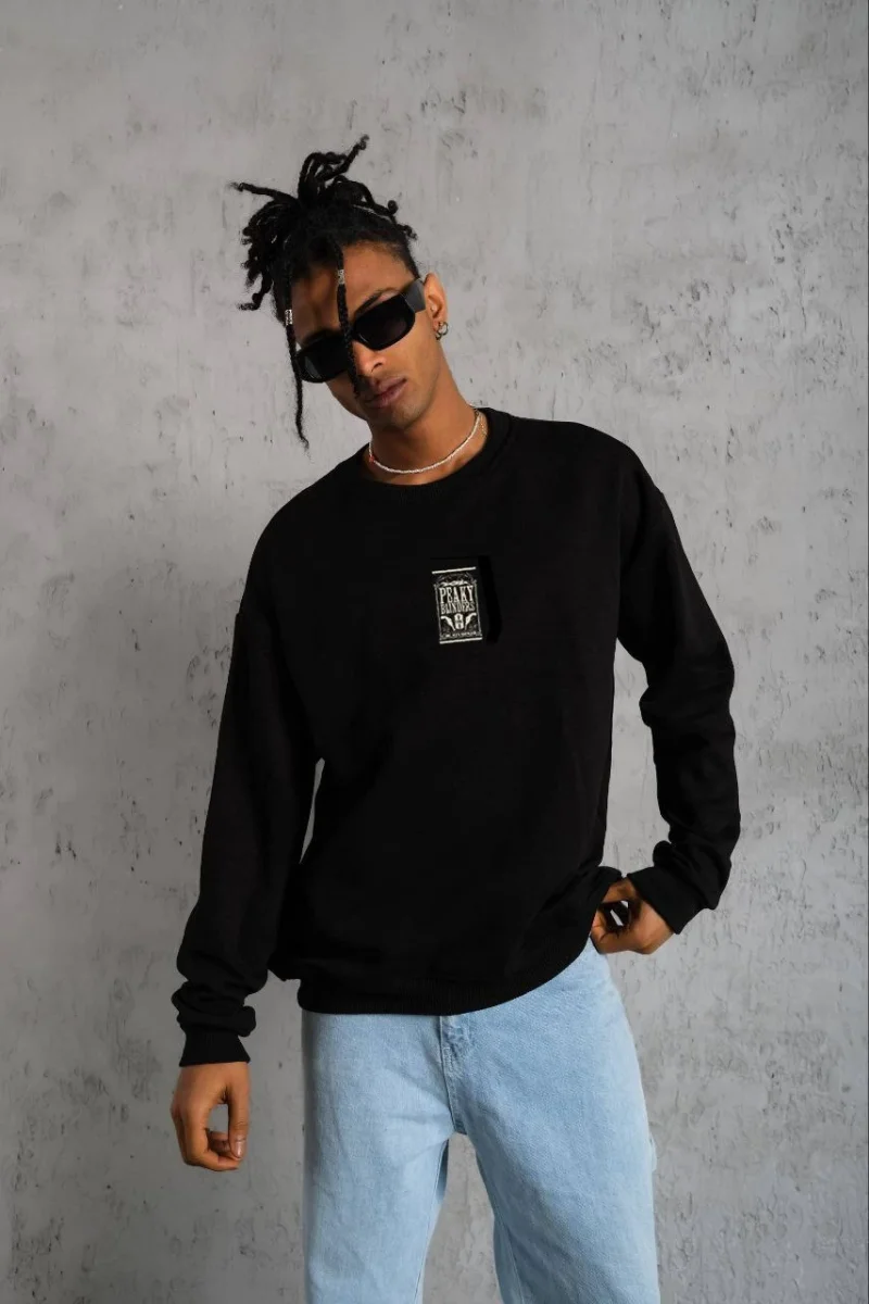 Bisiklet Yaka Baskılı Oversize Sweatshirt - Siyah -