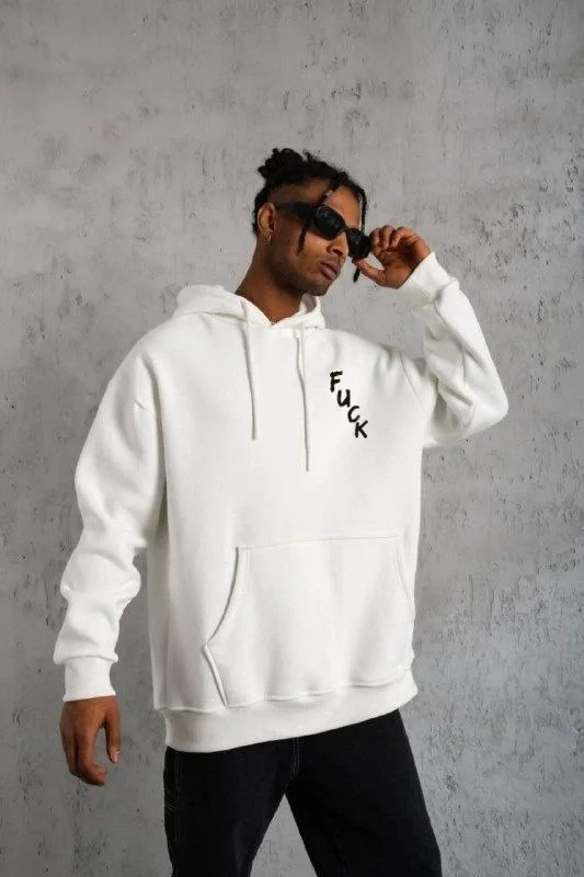 Kapşonlu Uzun Kol Baskılı Sweetshirt - Beyaz -